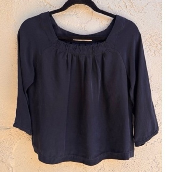Nili Lotan Tops - Nili Lotan Navy Blue Silk Square Neck Pleated Raglan Sleeve Blouse SMALL Luxury